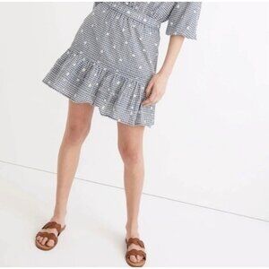 Madewell Embroidered Pintuck Tiered Navy Gingham Mini Skirt Sz L